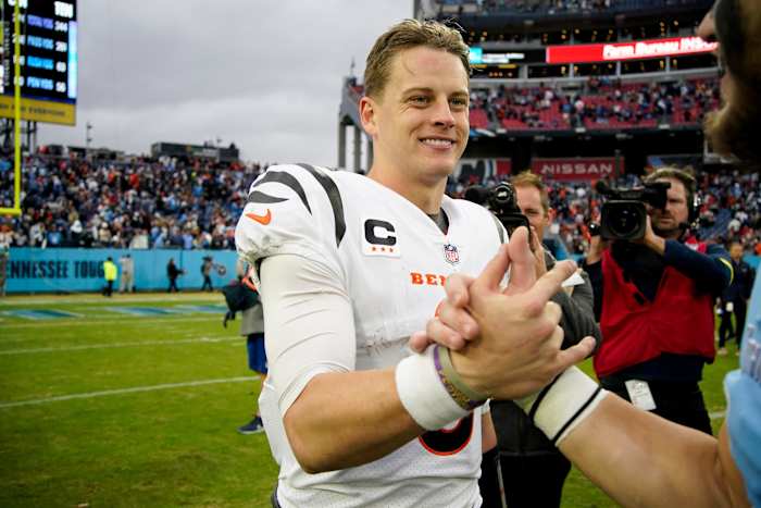 Cincinnati Bengals quarterback Joe Burrow smile (9) celebrates after beating the Tennessee Titans at Nissan Stadium Sunday, Nov. 27, 2022, in Nashville, Tenn. Nfl Cincinnati Bengals At Tennessee Titans